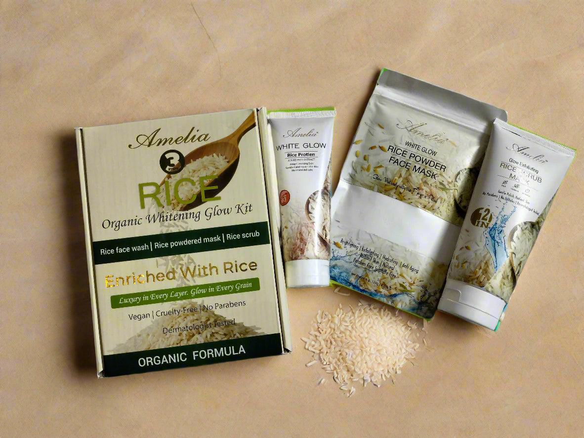 Two containers of organic white rice and a box on a tiled floor.