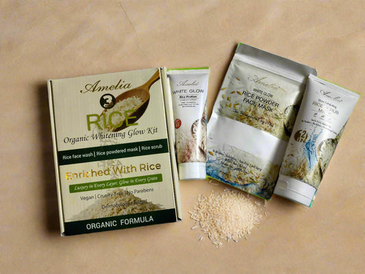 Two containers of organic white rice and a box on a tiled floor.