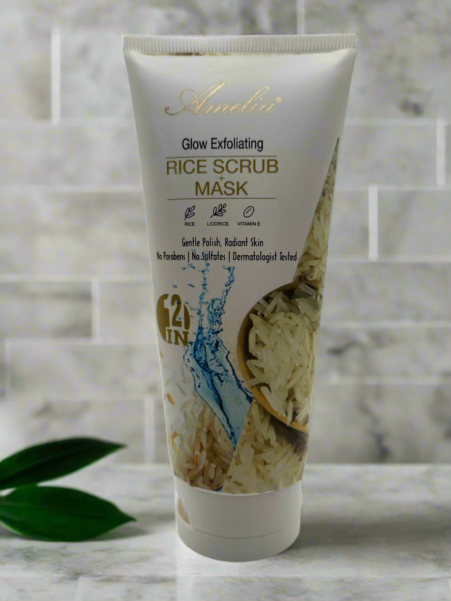 Tube of rice scrub mask with branding on a white background