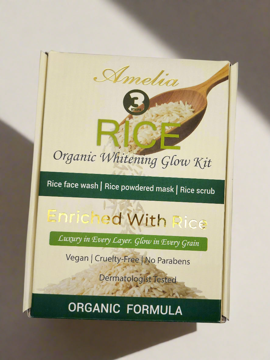 Box of rice-based skincare products on a gray surface